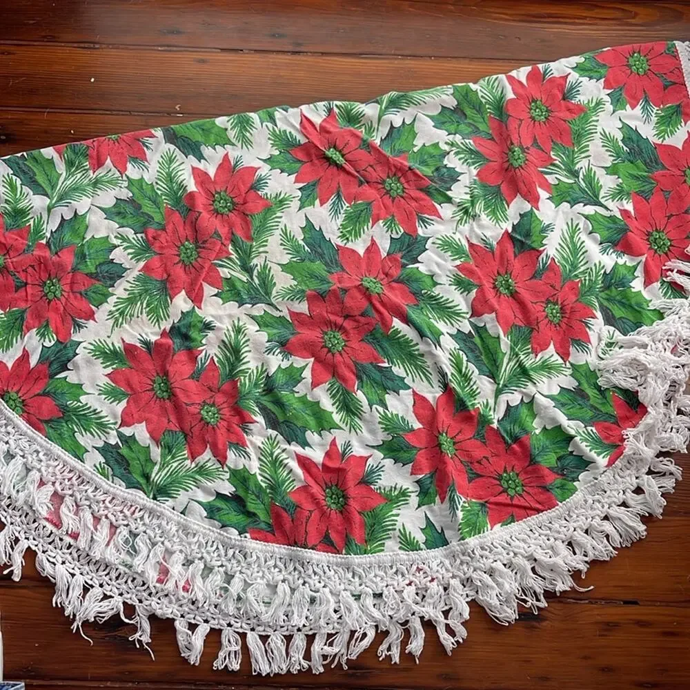 Vintage MCM Poinsettia print fringe hem oval Christmas holiday tablecloth